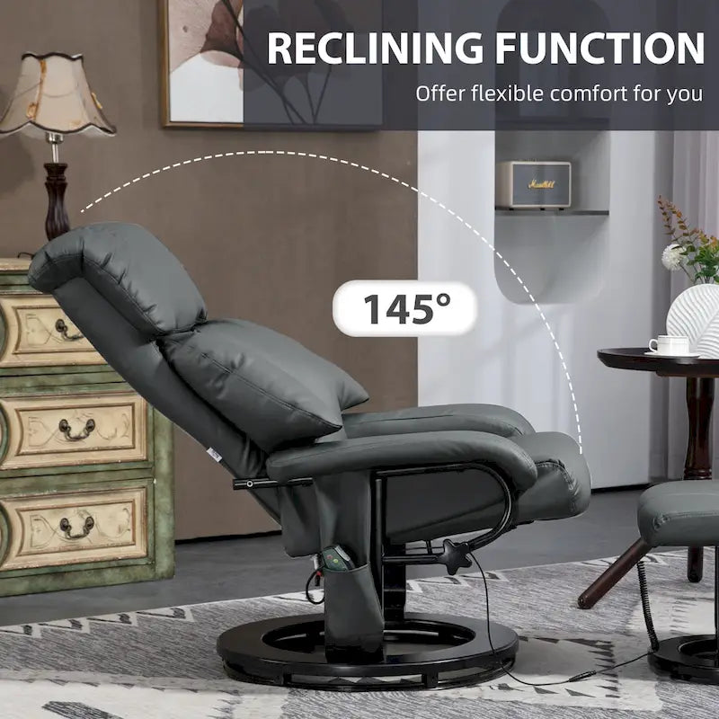 Fauteuil inclinable de massage pivotant à 360° en similicuir gris/bleu avec pouf – 1 place