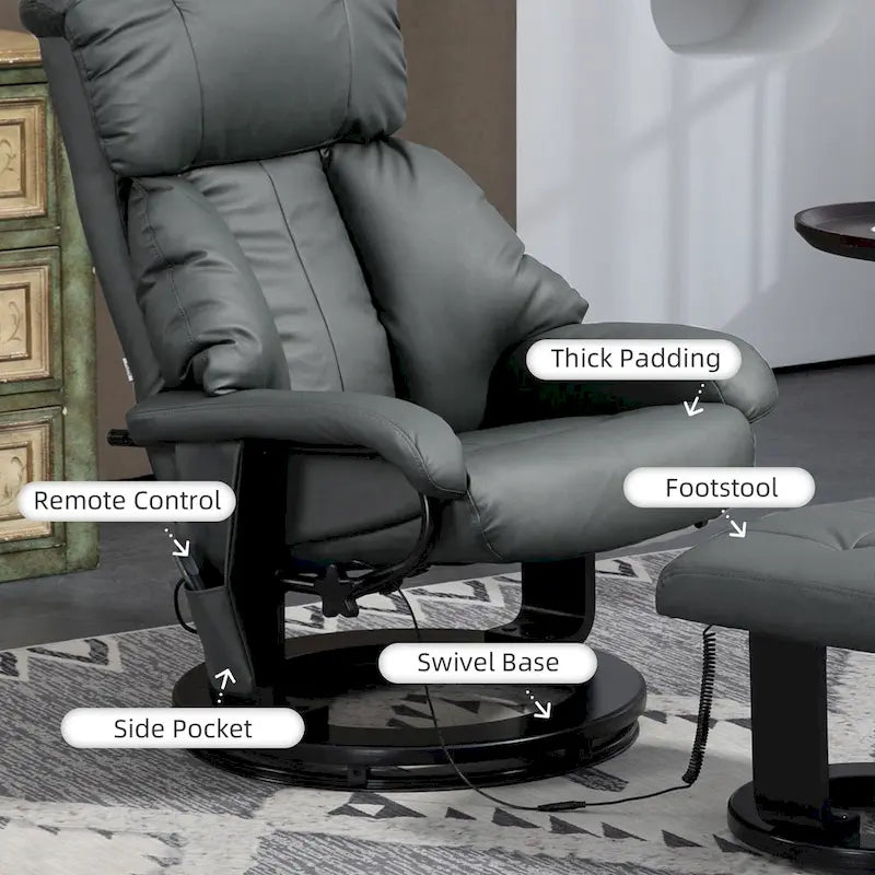 Fauteuil inclinable de massage pivotant à 360° en similicuir gris/bleu avec pouf – 1 place