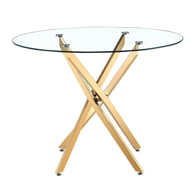 Table à manger ronde en verre trempé doré avec base en étoile – 2 à 4 places