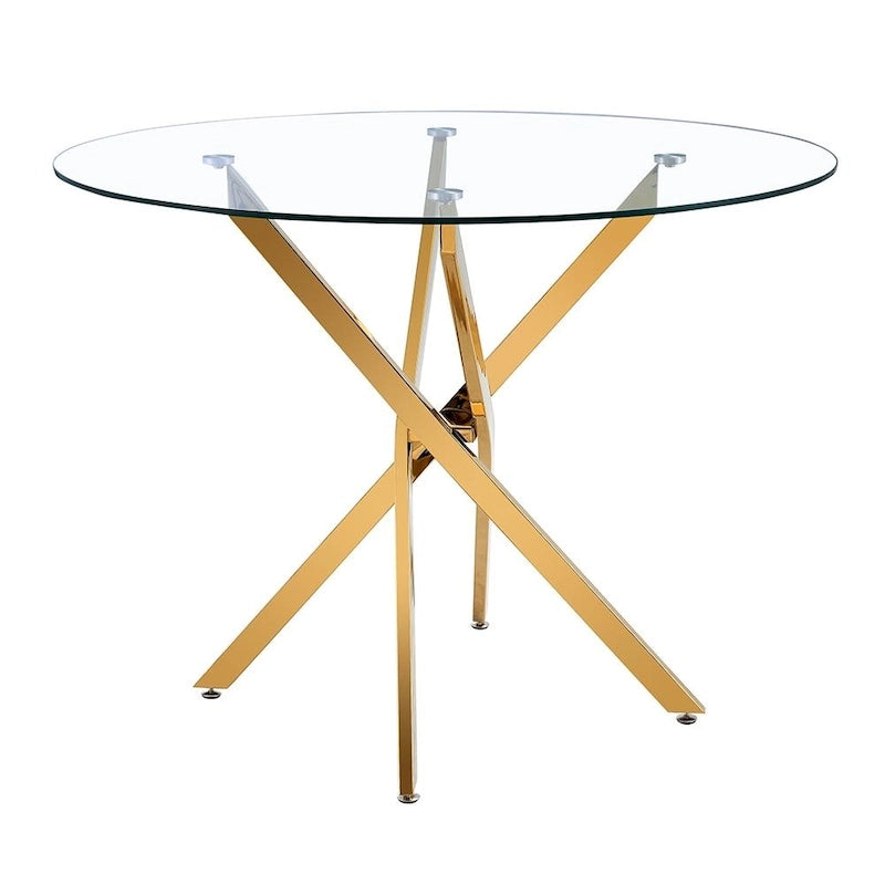 Table à manger ronde en verre trempé doré avec base en étoile – 2 à 4 places