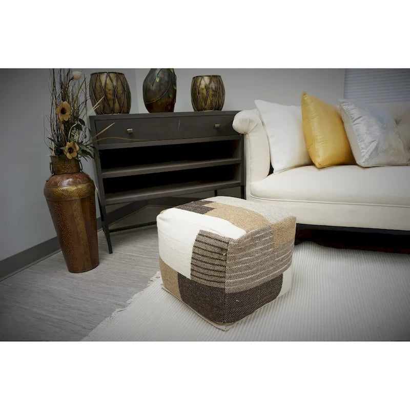 Pouf Ottoman Marron Moyen Fait Main en Laine et Coton - 1 place