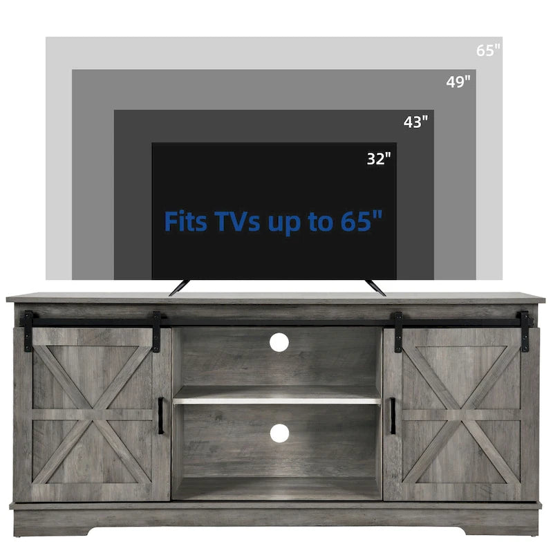 Meuble TV de ferme blanc/gris/noir avec portes coulissantes de grange – Convient aux téléviseurs jusqu'à 65 po