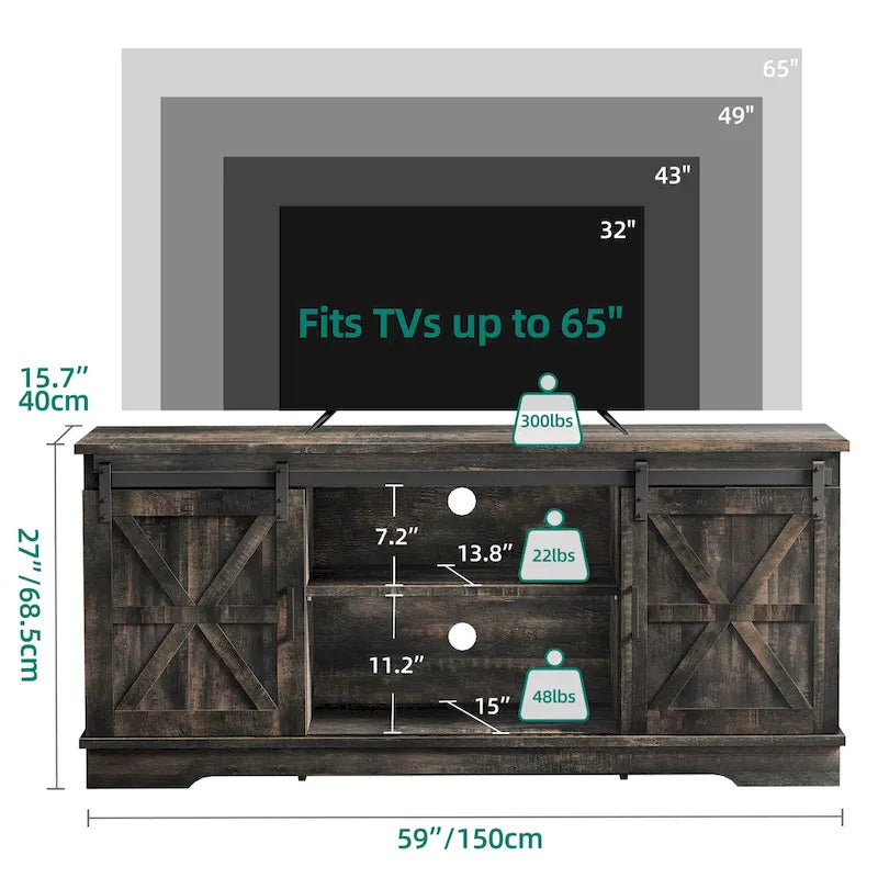 Meuble TV de ferme blanc/gris/noir avec portes coulissantes de grange – Convient aux téléviseurs jusqu'à 65 po