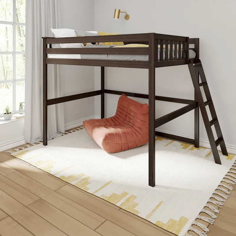 Lit mezzanine grand format avec échelle d'extrémité et tête de lit à lattes, Noyer/Pecan/Argile, Style moderne, 1 personne