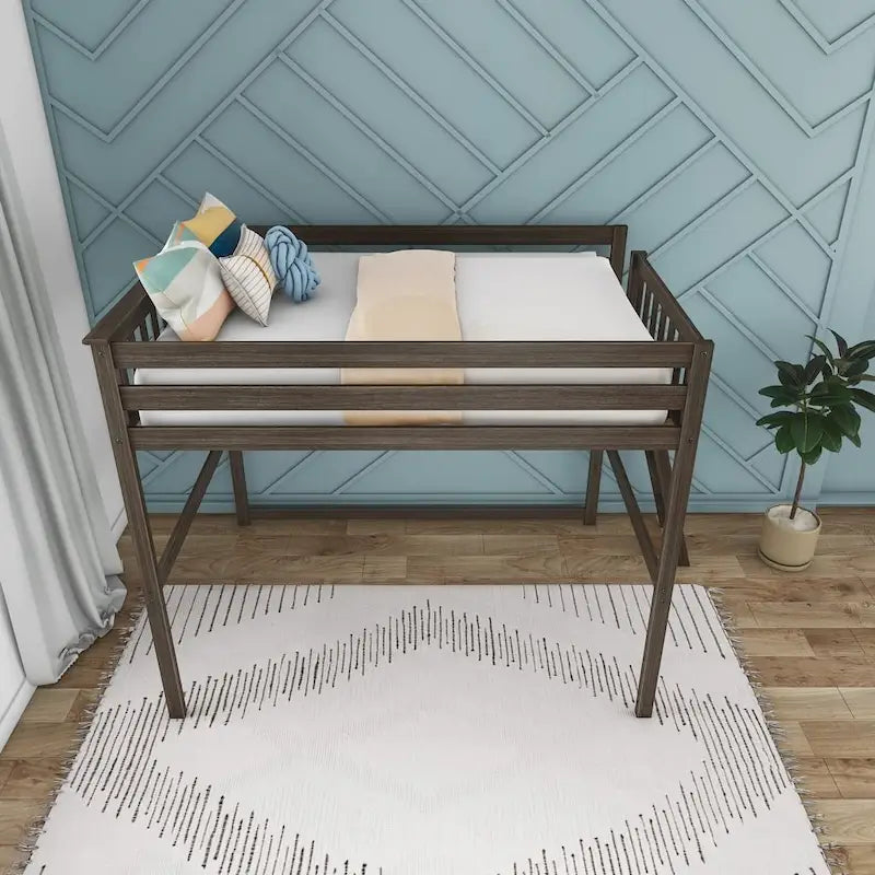 Lit mezzanine grand format avec échelle d'extrémité et tête de lit à lattes, Noyer/Pecan/Argile, Style moderne, 1 personne