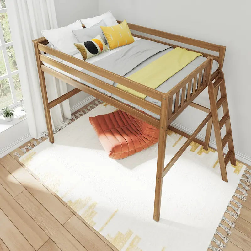 Lit mezzanine grand format avec échelle d'extrémité et tête de lit à lattes, Noyer/Pecan/Argile, Style moderne, 1 personne