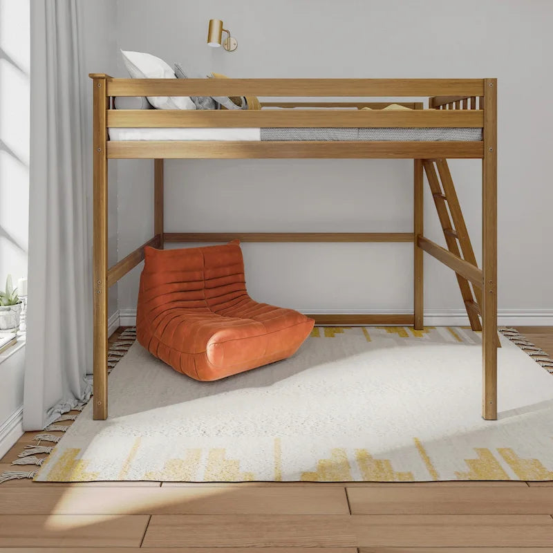 Lit mezzanine grand format avec échelle d'extrémité et tête de lit à lattes, Noyer/Pecan/Argile, Style moderne, 1 personne