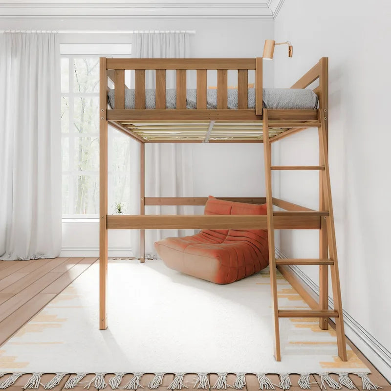 Lit mezzanine grand format avec échelle d'extrémité et tête de lit à lattes, Noyer/Pecan/Argile, Style moderne, 1 personne