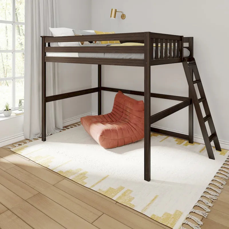 Lit mezzanine grand format avec échelle d'extrémité et tête de lit à lattes, Noyer/Pecan/Argile, Style moderne, 1 personne