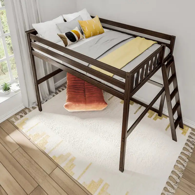 Lit mezzanine grand format avec échelle d'extrémité et tête de lit à lattes, Noyer/Pecan/Argile, Style moderne, 1 personne
