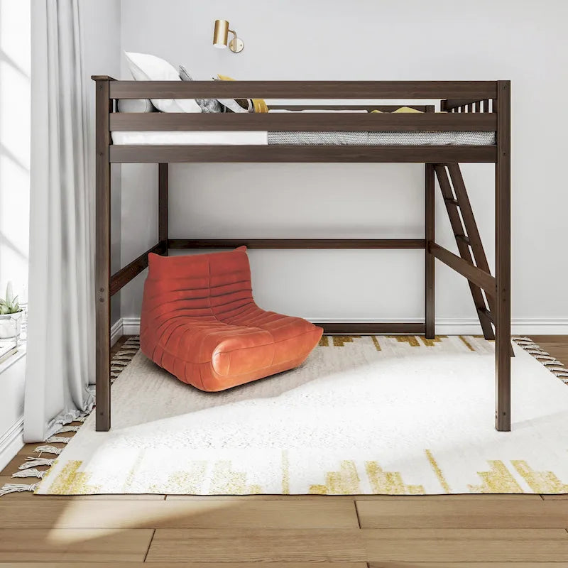 Lit mezzanine grand format avec échelle d'extrémité et tête de lit à lattes, Noyer/Pecan/Argile, Style moderne, 1 personne