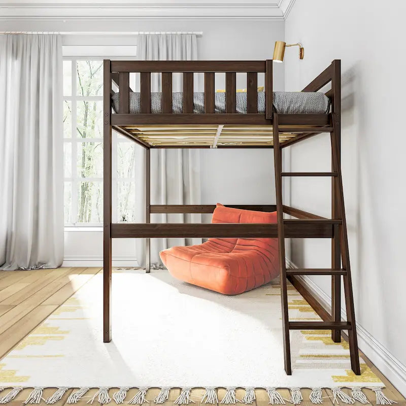 Lit mezzanine grand format avec échelle d'extrémité et tête de lit à lattes, Noyer/Pecan/Argile, Style moderne, 1 personne