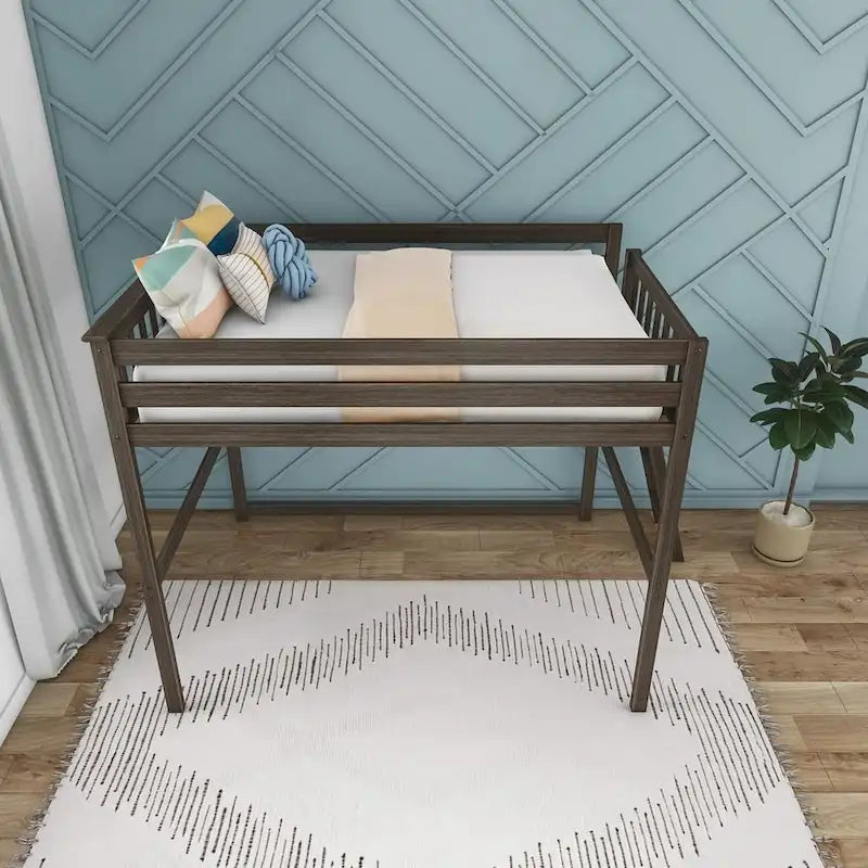 Lit mezzanine grand format avec échelle d'extrémité et tête de lit à lattes, Noyer/Pecan/Argile, Style moderne, 1 personne