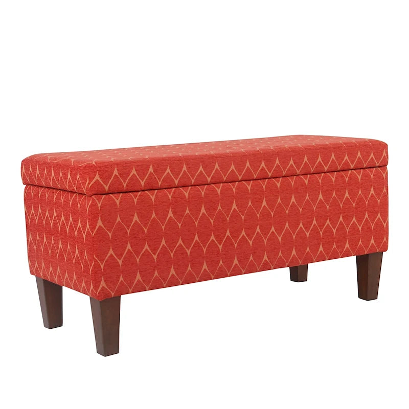 Banc de rangement géométrique en chenille turquoise, orange, gris et bleu foncé avec couvercle à charnière et pieds en bois - 1-2 places