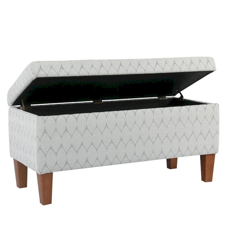 Banc de rangement géométrique en chenille turquoise, orange, gris et bleu foncé avec couvercle à charnière et pieds en bois - 1-2 places