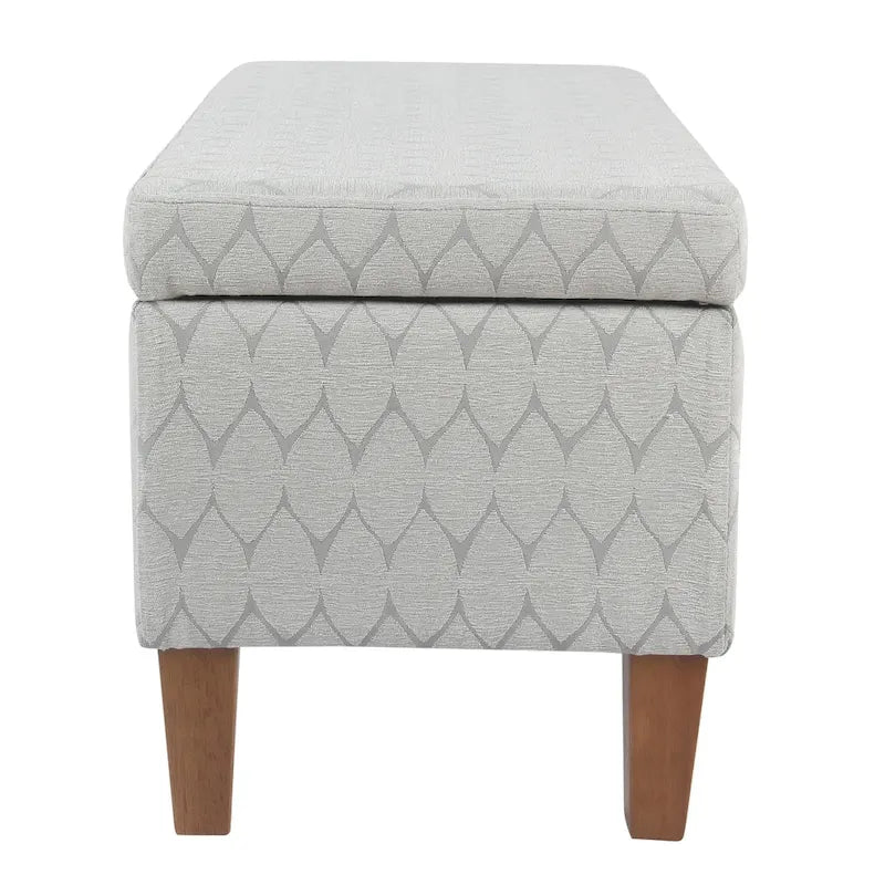 Banc de rangement géométrique en chenille turquoise, orange, gris et bleu foncé avec couvercle à charnière et pieds en bois - 1-2 places