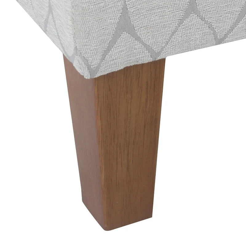 Banc de rangement géométrique en chenille turquoise, orange, gris et bleu foncé avec couvercle à charnière et pieds en bois - 1-2 places