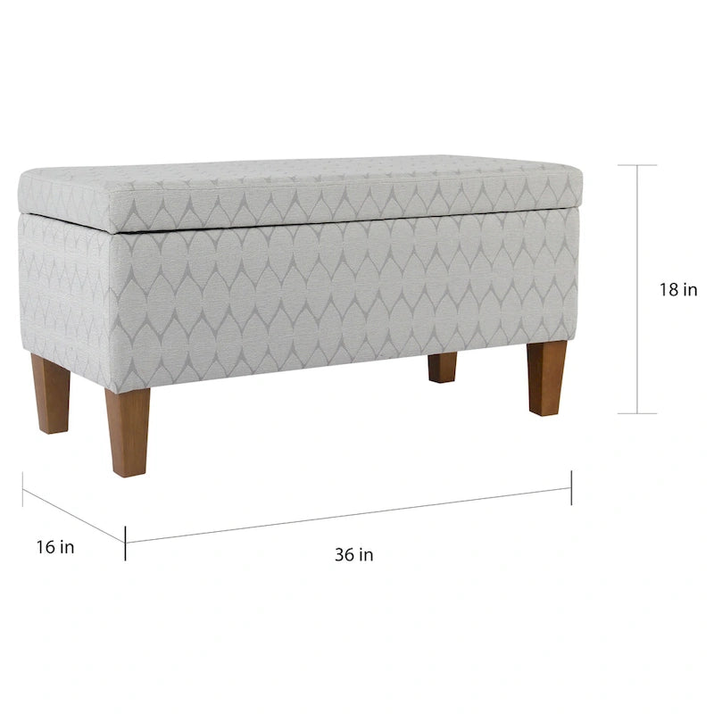 Banc de rangement géométrique en chenille turquoise, orange, gris et bleu foncé avec couvercle à charnière et pieds en bois - 1-2 places