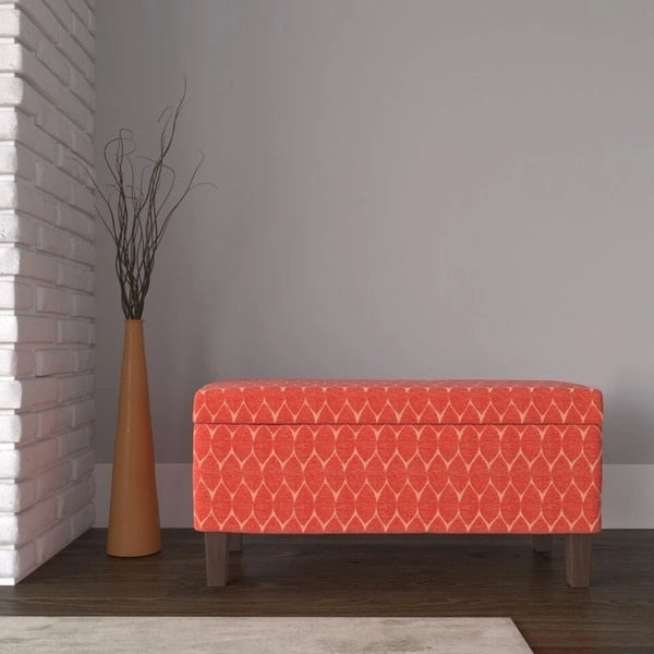 Banc de rangement géométrique en chenille turquoise, orange, gris et bleu foncé avec couvercle à charnière et pieds en bois - 1-2 places