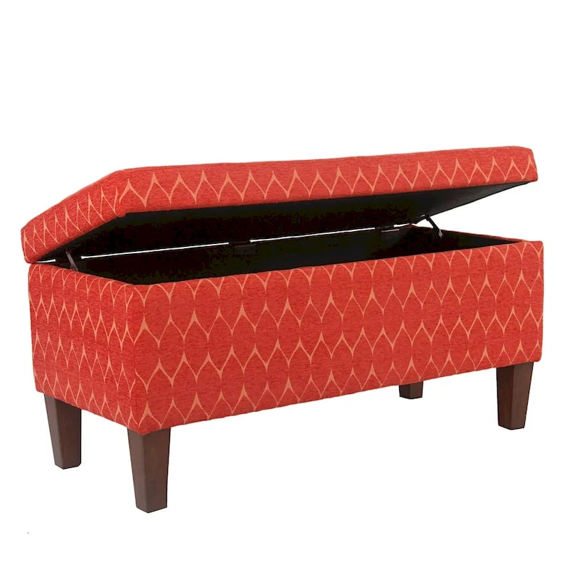 Banc de rangement géométrique en chenille turquoise, orange, gris et bleu foncé avec couvercle à charnière et pieds en bois - 1-2 places