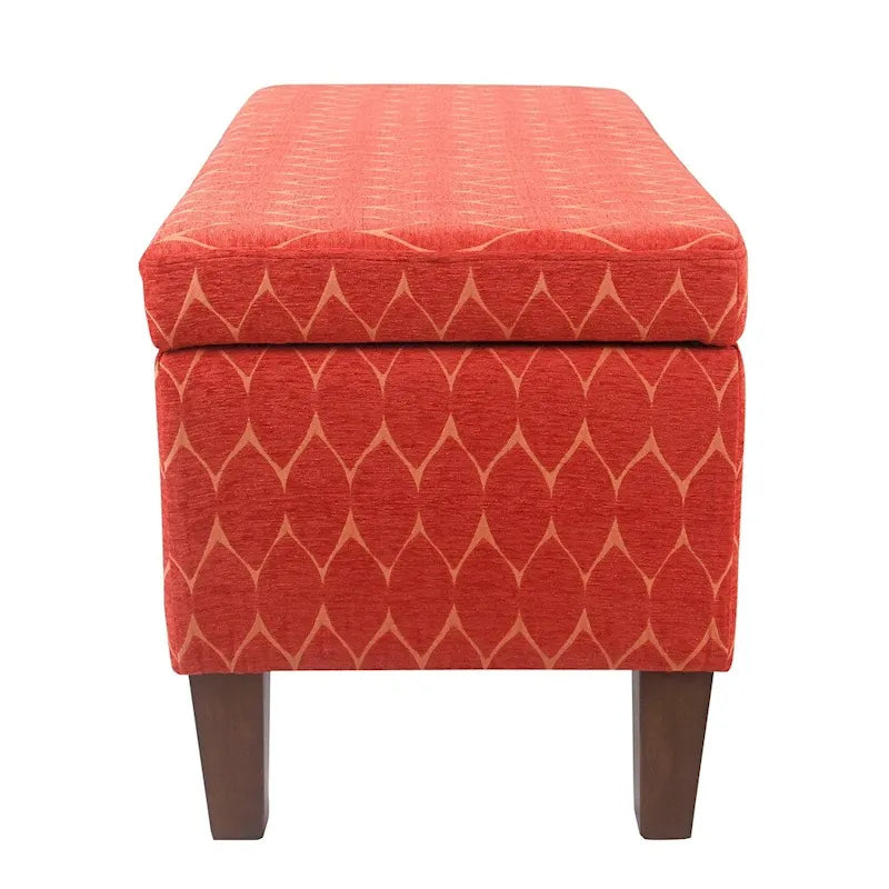 Banc de rangement géométrique en chenille turquoise, orange, gris et bleu foncé avec couvercle à charnière et pieds en bois - 1-2 places