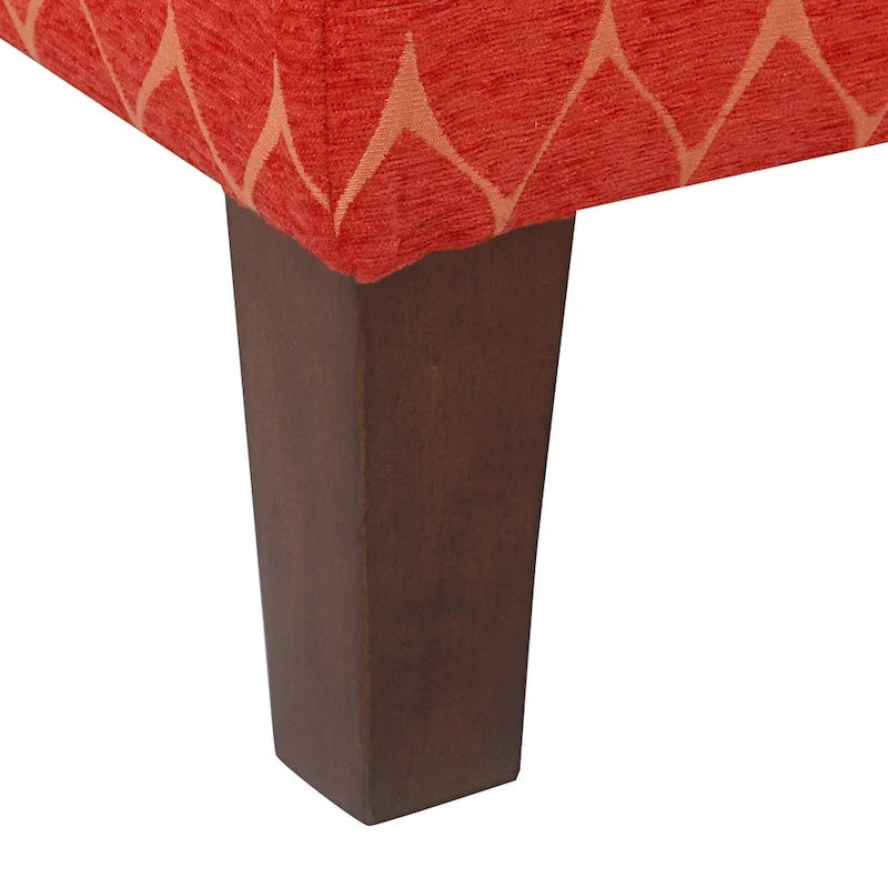 Banc de rangement géométrique en chenille turquoise, orange, gris et bleu foncé avec couvercle à charnière et pieds en bois - 1-2 places