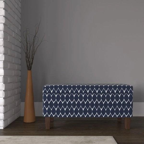 Banc de rangement géométrique en chenille turquoise, orange, gris et bleu foncé avec couvercle à charnière et pieds en bois - 1-2 places