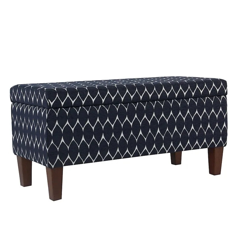 Banc de rangement géométrique en chenille turquoise, orange, gris et bleu foncé avec couvercle à charnière et pieds en bois - 1-2 places
