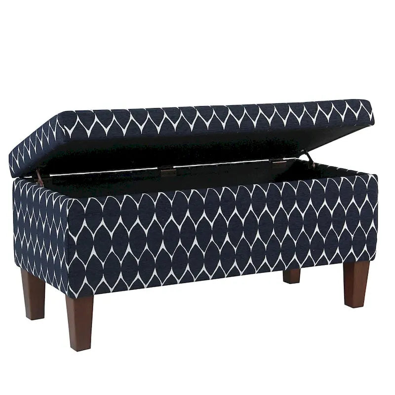 Banc de rangement géométrique en chenille turquoise, orange, gris et bleu foncé avec couvercle à charnière et pieds en bois - 1-2 places