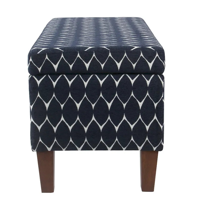 Banc de rangement géométrique en chenille turquoise, orange, gris et bleu foncé avec couvercle à charnière et pieds en bois - 1-2 places