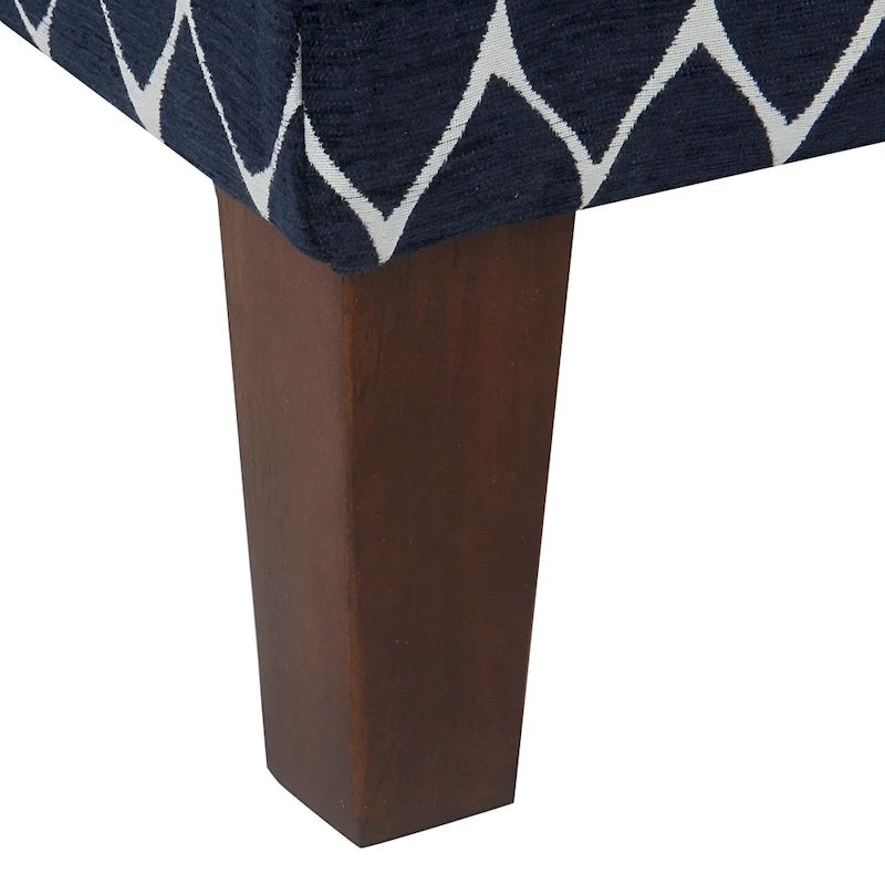 Banc de rangement géométrique en chenille turquoise, orange, gris et bleu foncé avec couvercle à charnière et pieds en bois - 1-2 places