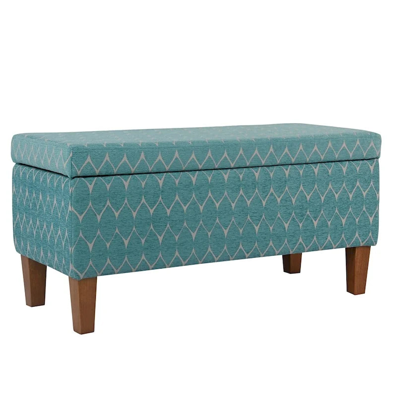Banc de rangement géométrique en chenille turquoise, orange, gris et bleu foncé avec couvercle à charnière et pieds en bois - 1-2 places