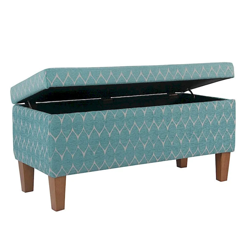 Banc de rangement géométrique en chenille turquoise, orange, gris et bleu foncé avec couvercle à charnière et pieds en bois - 1-2 places