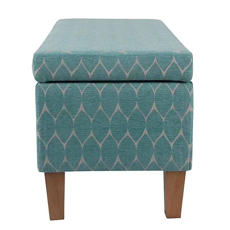 Banc de rangement géométrique en chenille turquoise, orange, gris et bleu foncé avec couvercle à charnière et pieds en bois - 1-2 places