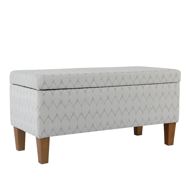 Banc de rangement géométrique en chenille turquoise, orange, gris et bleu foncé avec couvercle à charnière et pieds en bois - 1-2 places