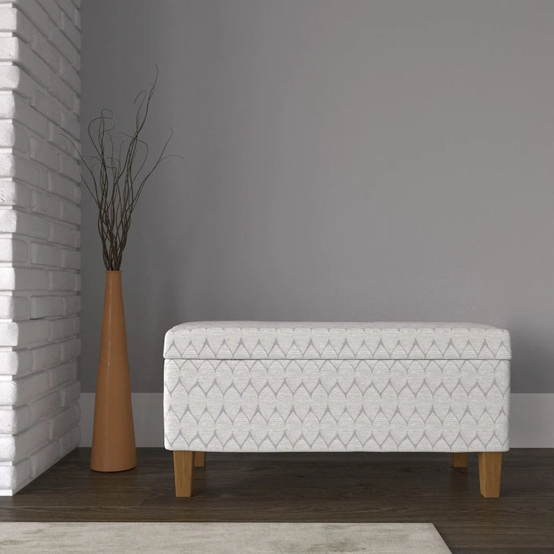 Banc de rangement géométrique en chenille turquoise, orange, gris et bleu foncé avec couvercle à charnière et pieds en bois - 1-2 places