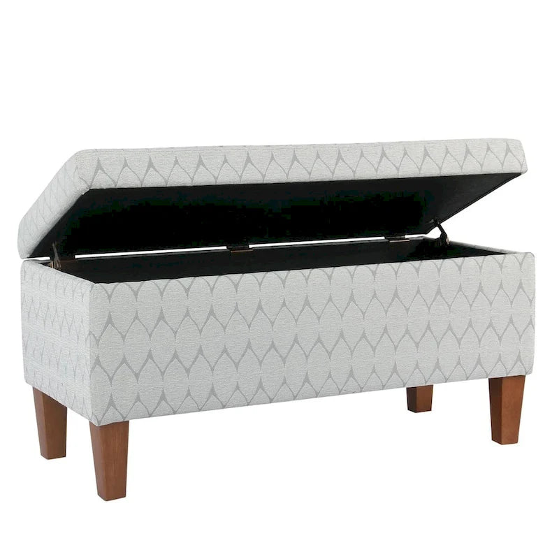 Banc de rangement géométrique en chenille turquoise, orange, gris et bleu foncé avec couvercle à charnière et pieds en bois - 1-2 places