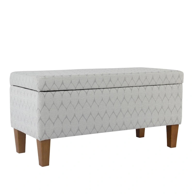 Banc de rangement géométrique en chenille turquoise, orange, gris et bleu foncé avec couvercle à charnière et pieds en bois - 1-2 places