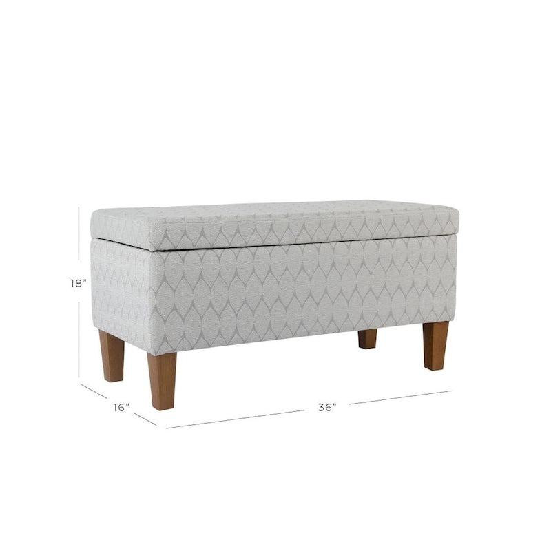 Banc de rangement géométrique en chenille turquoise, orange, gris et bleu foncé avec couvercle à charnière et pieds en bois - 1-2 places