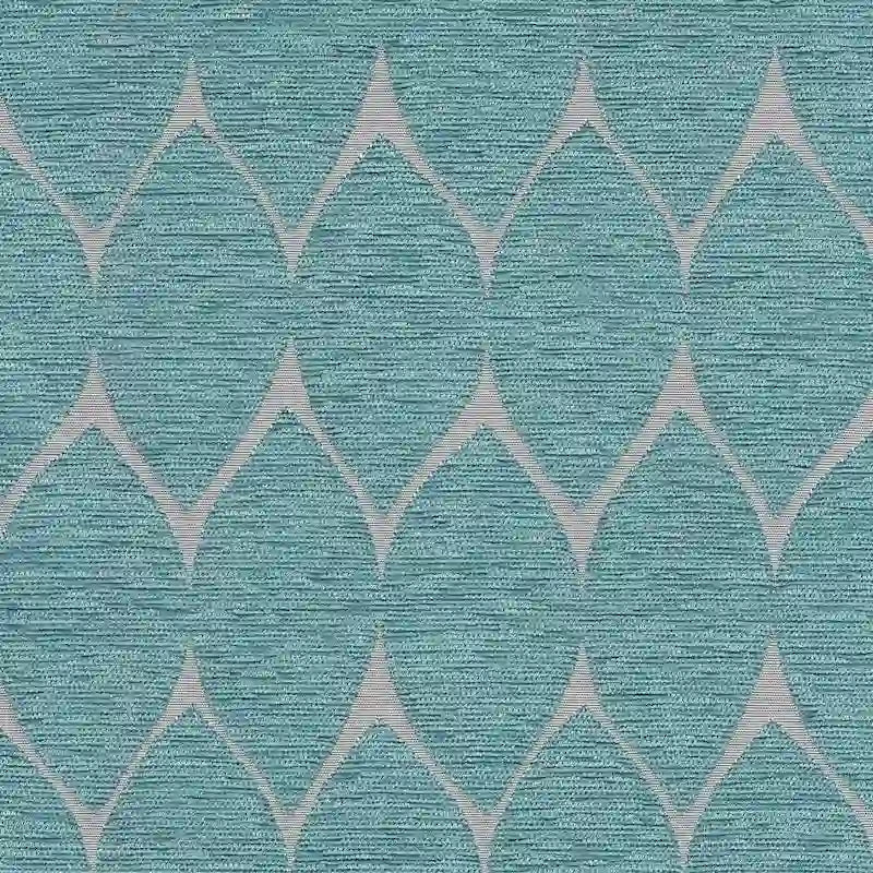 Banc de rangement géométrique en chenille turquoise, orange, gris et bleu foncé avec couvercle à charnière et pieds en bois - 1-2 places