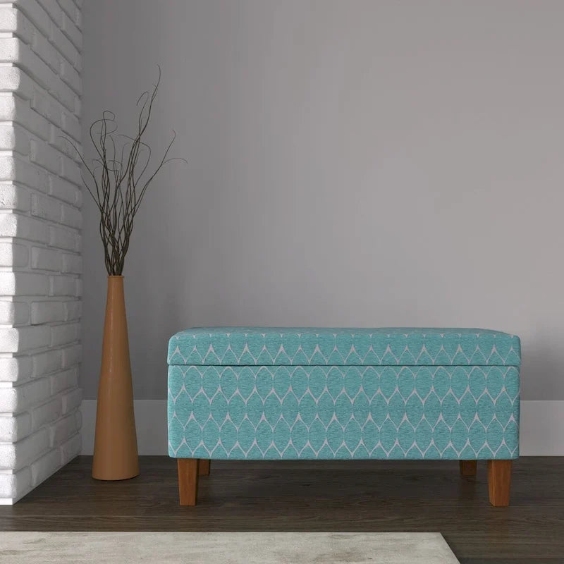 Banc de rangement géométrique en chenille turquoise, orange, gris et bleu foncé avec couvercle à charnière et pieds en bois - 1-2 places