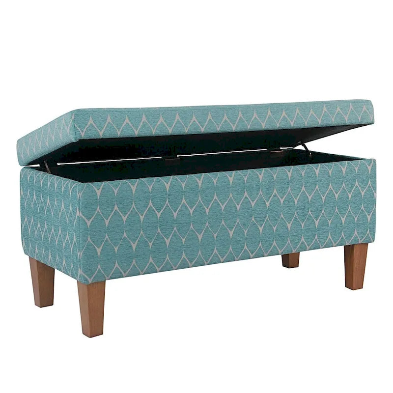 Banc de rangement géométrique en chenille turquoise, orange, gris et bleu foncé avec couvercle à charnière et pieds en bois - 1-2 places