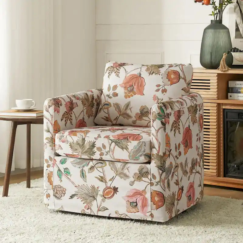 Fauteuil d'appoint pivotant à 360° déhoussable avec coussins amovibles - 1 place - Floral / Bleu / Oiseau / Turquoise / Sarcelle