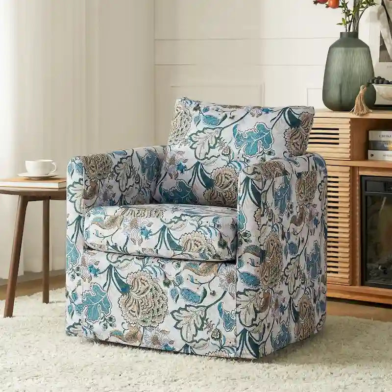 Fauteuil d'appoint pivotant à 360° déhoussable avec coussins amovibles - 1 place - Floral / Bleu / Oiseau / Turquoise / Sarcelle
