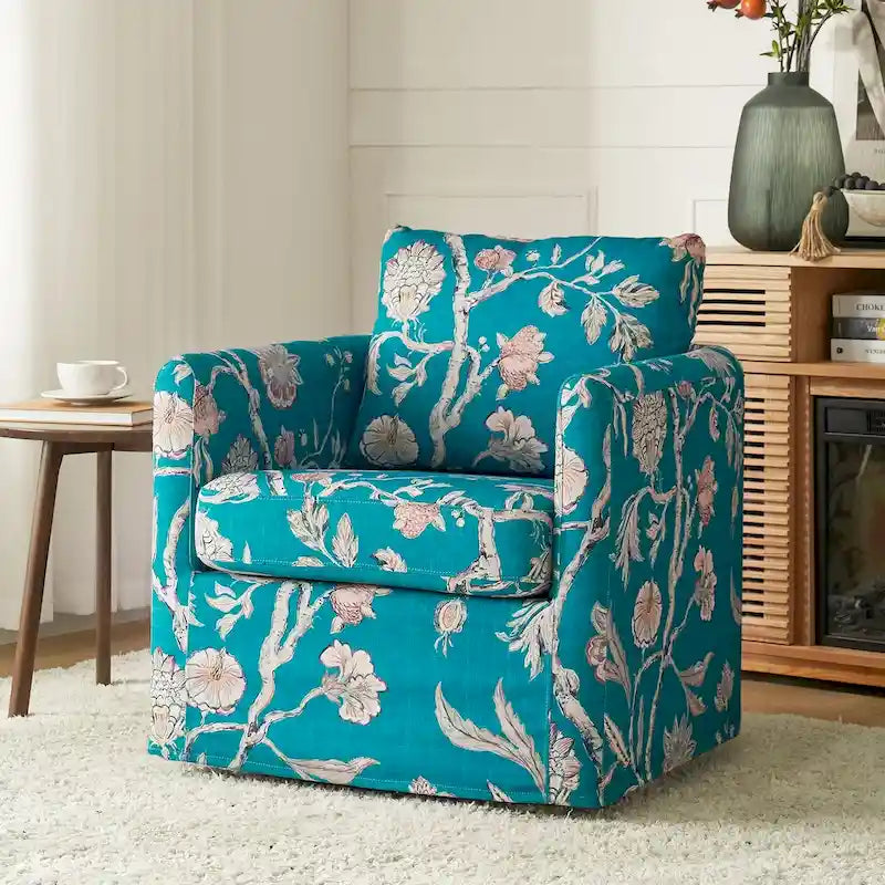 Fauteuil d'appoint pivotant à 360° déhoussable avec coussins amovibles - 1 place - Floral / Bleu / Oiseau / Turquoise / Sarcelle