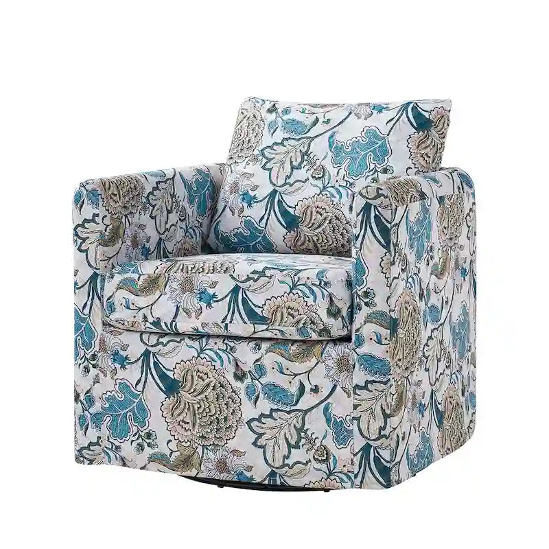 Fauteuil d'appoint pivotant à 360° déhoussable avec coussins amovibles - 1 place - Floral / Bleu / Oiseau / Turquoise / Sarcelle