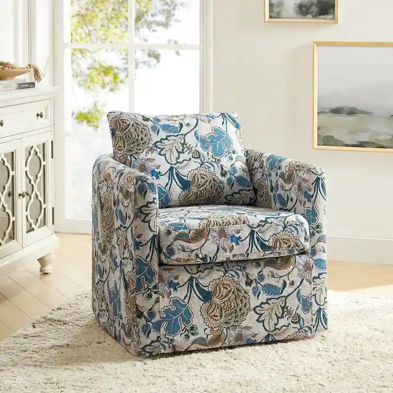 Fauteuil d'appoint pivotant à 360° déhoussable avec coussins amovibles - 1 place - Floral / Bleu / Oiseau / Turquoise / Sarcelle