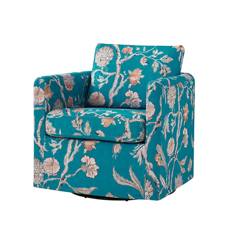 Fauteuil d'appoint pivotant à 360° déhoussable avec coussins amovibles - 1 place - Floral / Bleu / Oiseau / Turquoise / Sarcelle