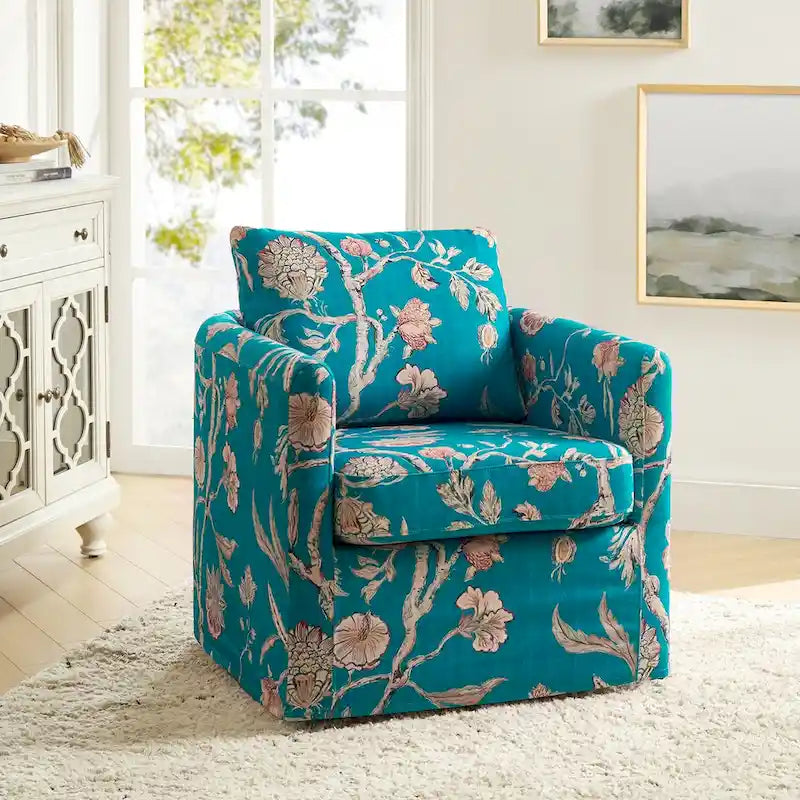 Fauteuil d'appoint pivotant à 360° déhoussable avec coussins amovibles - 1 place - Floral / Bleu / Oiseau / Turquoise / Sarcelle