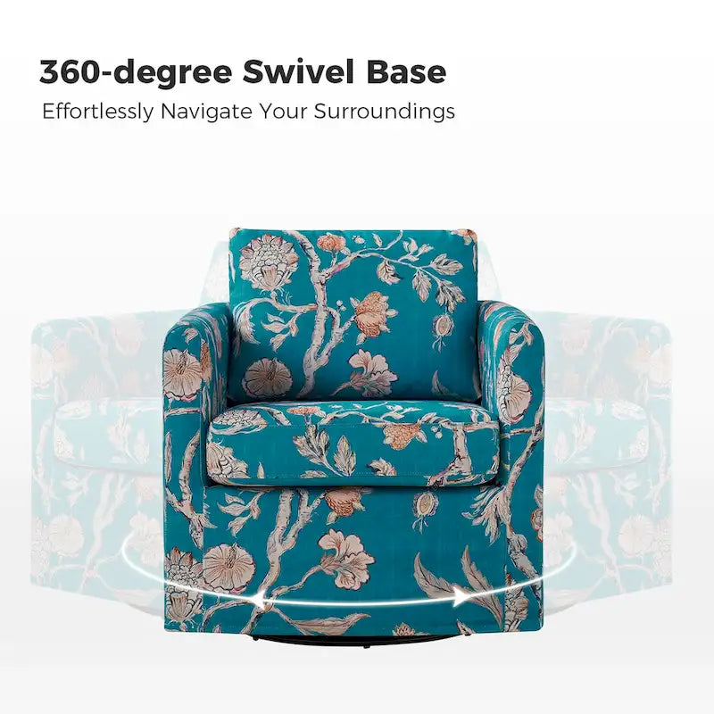Fauteuil d'appoint pivotant à 360° déhoussable avec coussins amovibles - 1 place - Floral / Bleu / Oiseau / Turquoise / Sarcelle